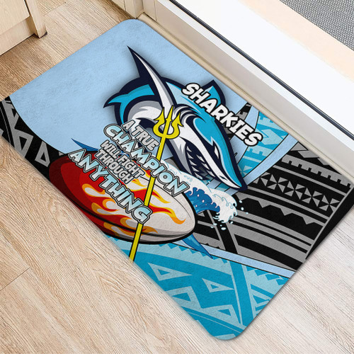 Cronulla-Sutherland Sharks Door Mat - A True Champion Will Fight Through Anything With Polynesian Patterns Cronulla-Sutherland Sharks Door Mat - A True Champion Will Fight Through Anything With Polynesian Patterns