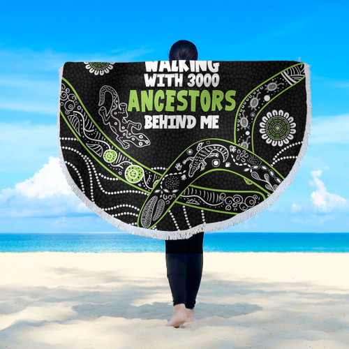 Australia Aboriginal Beach Blanket - Walking with 3000 Ancestors Behind Me Black and Green Patterns Beach Blanket Australia Aboriginal Beach Blanket - Walking with 3000 Ancestors Behind Me Black and Green Patterns Beach Blanket