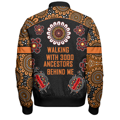 Australia Aboriginal Bomber Jacket - Walking with 3000 Ancestors Behind Me Black and Orange Patterns Bomber Jacket Australia Aboriginal Bomber Jacket - Walking with 3000 Ancestors Behind Me Black and Orange Patterns Bomber Jacket
