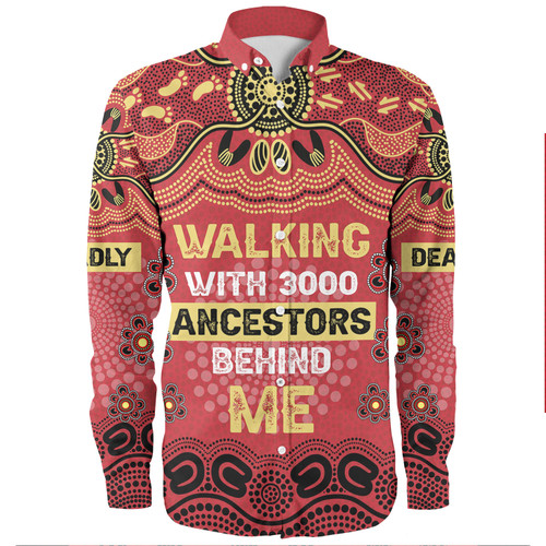 Australia Aboriginal Long Sleeve Shirts - Walking with 3000 Ancestors Behind Me Red and Gold Patterns Long Sleeve Shirts