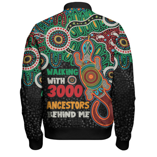 Australia Aboriginal Bomber Jacket - Walking with 3000 Ancestors Behind Me With Goanna Bomber Jacket Australia Aboriginal Bomber Jacket - Walking with 3000 Ancestors Behind Me With Goanna Bomber Jacket