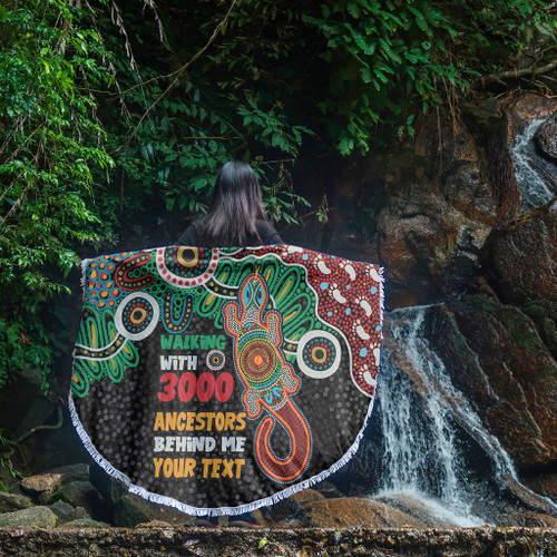 Australia Aboriginal Beach Blanket - Walking with 3000 Ancestors Behind Me With Goanna Beach Blanket Australia Aboriginal Beach Blanket - Walking with 3000 Ancestors Behind Me With Goanna Beach Blanket