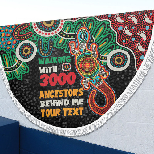 Australia Aboriginal Beach Blanket - Walking with 3000 Ancestors Behind Me With Goanna Beach Blanket Australia Aboriginal Beach Blanket - Walking with 3000 Ancestors Behind Me With Goanna Beach Blanket