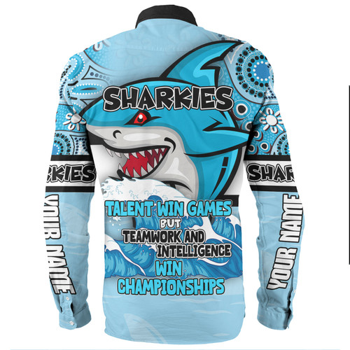 Cronulla-Sutherland Sharks Long Sleeve Shirt - Custom Talent Win Games But Teamwork And Intelligence Win Championships With Aboriginal Style Cronulla-Sutherland Sharks Long Sleeve Shirt - Custom Talent Win Games But Teamwork And Intelligence Win Championships With Aboriginal Style