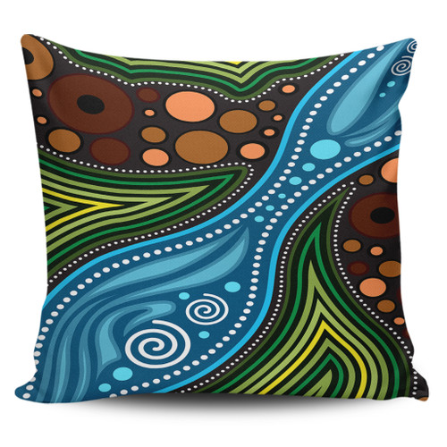 Australia Indigenous Pillow Cover - Aboriginal Inspired Landscape Illustration of forest, river and land