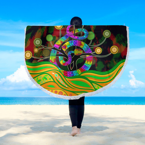 Australia Aboriginal Beach Blanket - Australia Rainbow Snake And Tree Aboriginal Style Beach Blanket Australia Aboriginal Beach Blanket - Australia Rainbow Snake And Tree Aboriginal Style Beach Blanket