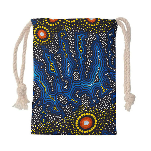 Australia Aboriginal Drawstring Bag - Blue background of aboriginal art dreaming Bag Australia Aboriginal Drawstring Bag - Blue background of aboriginal art dreaming Bag
