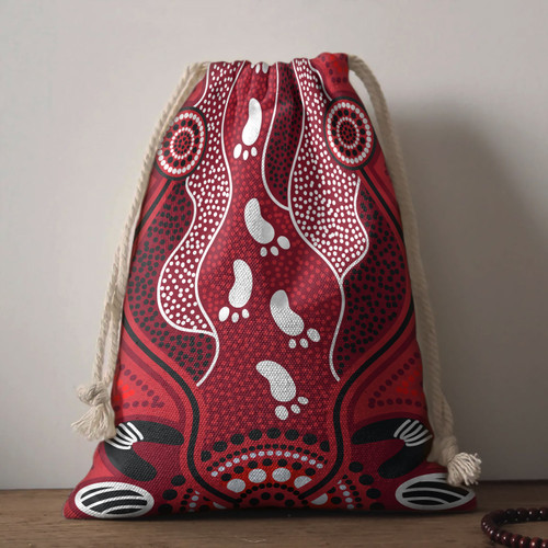 Australia Aboriginal Drawstring Bag - Red aboriginal art with footprint Bag Australia Aboriginal Drawstring Bag - Red aboriginal art with footprint Bag