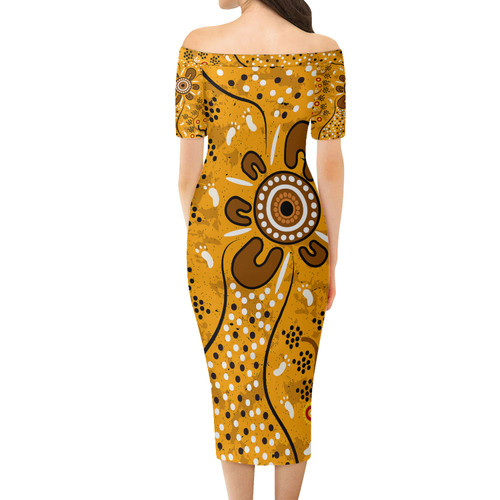 Australia Aboriginal Short Sleeve Off Shoulder Lady Dress - Aboriginal art vector background with bush leaves Dress Australia Aboriginal Short Sleeve Off Shoulder Lady Dress - Aboriginal art vector background with bush leaves Dress