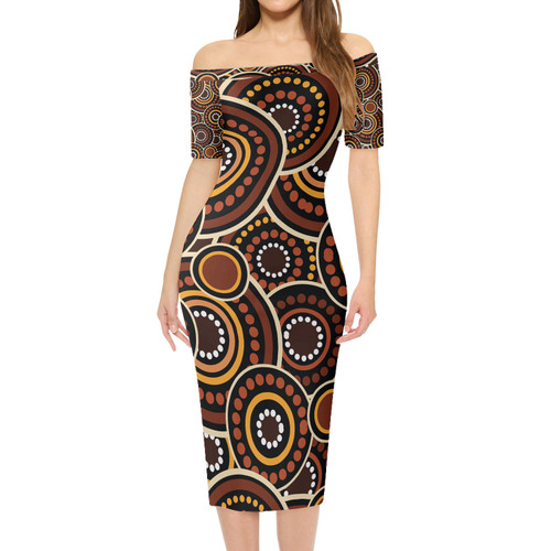 Australia Aboriginal Short Sleeve Off Shoulder Lady Dress - Aboriginal contemporary dot painting  Dress