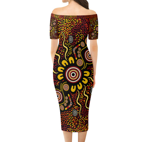 Australia Aboriginal Short Sleeve Off Shoulder Lady Dress - Aboriginal dot art Flowers background Dress Australia Aboriginal Short Sleeve Off Shoulder Lady Dress - Aboriginal dot art Flowers background Dress