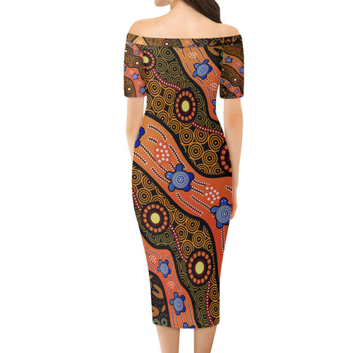 Australia Aboriginal Short Sleeve Off Shoulder Lady Dress - Aboriginal dot art turtle background Dress Australia Aboriginal Short Sleeve Off Shoulder Lady Dress - Aboriginal dot art turtle background Dress