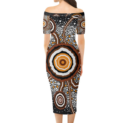 Australia Aboriginal Short Sleeve Off Shoulder Lady Dress - Aboriginal dot art vector painting Connection concept Dress Australia Aboriginal Short Sleeve Off Shoulder Lady Dress - Aboriginal dot art vector painting Connection concept Dress