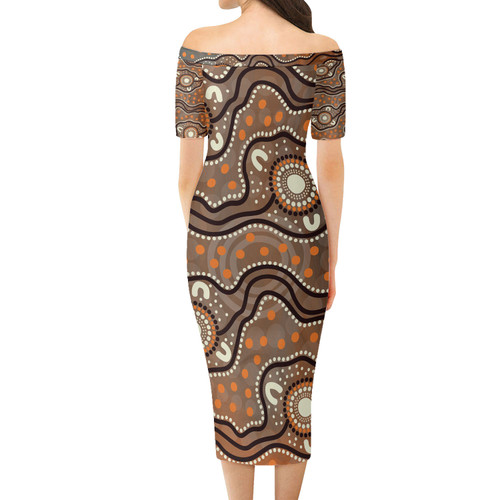 Australia Aboriginal Short Sleeve Off Shoulder Lady Dress - Aboriginal dot design background Dress Australia Aboriginal Short Sleeve Off Shoulder Lady Dress - Aboriginal dot design background Dress