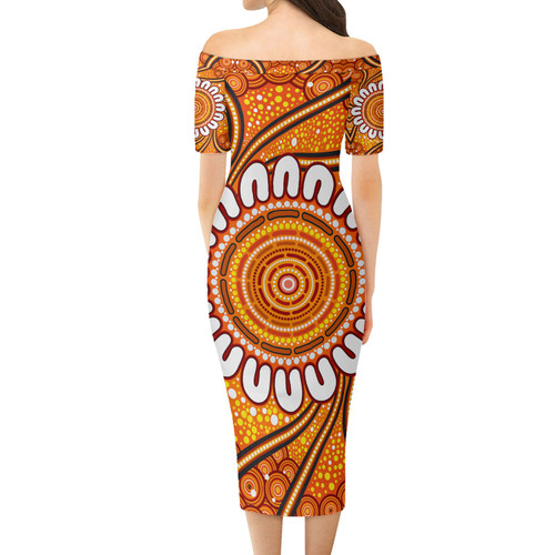 Australia Aboriginal Short Sleeve Off Shoulder Lady Dress - Aboriginal style of dot background Dress Australia Aboriginal Short Sleeve Off Shoulder Lady Dress - Aboriginal style of dot background Dress