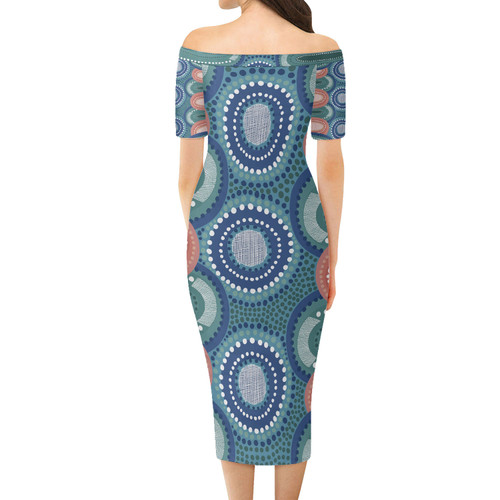 Australia Aboriginal Short Sleeve Off Shoulder Lady Dress - Aboriginal vector art background Blue Dress Australia Aboriginal Short Sleeve Off Shoulder Lady Dress - Aboriginal vector art background Blue Dress
