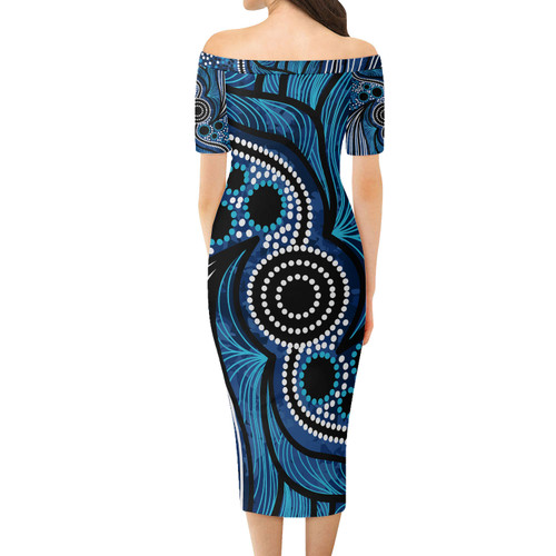 Australia Aboriginal Short Sleeve Off Shoulder Lady Dress - Blue aboriginal artwork Dress Australia Aboriginal Short Sleeve Off Shoulder Lady Dress - Blue aboriginal artwork Dress