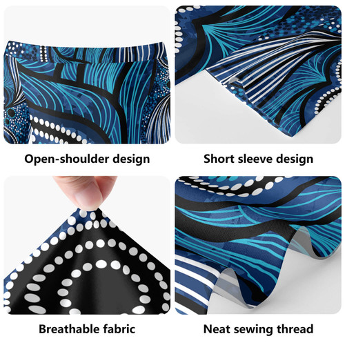 Australia Aboriginal Short Sleeve Off Shoulder Lady Dress - Blue aboriginal artwork Dress Australia Aboriginal Short Sleeve Off Shoulder Lady Dress - Blue aboriginal artwork Dress