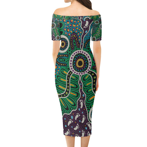 Australia Aboriginal Short Sleeve Off Shoulder Lady Dress - Blue aboriginal dot art background Dress Australia Aboriginal Short Sleeve Off Shoulder Lady Dress - Blue aboriginal dot art background Dress