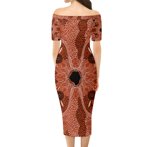 Australia Aboriginal Short Sleeve Off Shoulder Lady Dress - Connection art, brown aboriginal dot art background Dress Australia Aboriginal Short Sleeve Off Shoulder Lady Dress - Connection art, brown aboriginal dot art background Dress