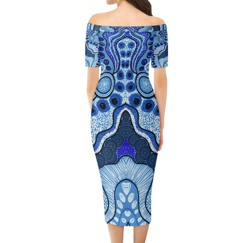 Australia Aboriginal Short Sleeve Off Shoulder Lady Dress - Contemporary style of aboriginal artwork Dress Australia Aboriginal Short Sleeve Off Shoulder Lady Dress - Contemporary style of aboriginal artwork Dress
