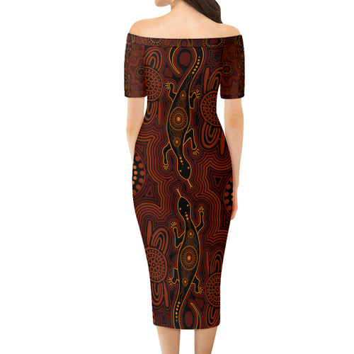 Australia Aboriginal Short Sleeve Off Shoulder Lady Dress - Goanna aboriginal art brown patterns Dress