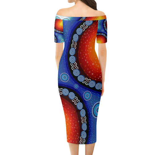 Australia Aboriginal Short Sleeve Off Shoulder Lady Dress - Illustration based on aboriginal style of background. Dress