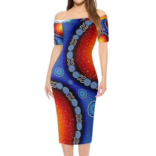 Australia Aboriginal Short Sleeve Off Shoulder Lady Dress - Illustration based on aboriginal style of background. Dress