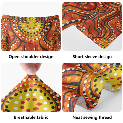 Australia Aboriginal Short Sleeve Off Shoulder Lady Dress - Orange background with dot art in Aboriginal style Dress Australia Aboriginal Short Sleeve Off Shoulder Lady Dress - Orange background with dot art in Aboriginal style Dress