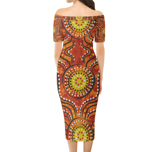 Australia Aboriginal Short Sleeve Off Shoulder Lady Dress - Orange background with dot art in Aboriginal style Dress Australia Aboriginal Short Sleeve Off Shoulder Lady Dress - Orange background with dot art in Aboriginal style Dress