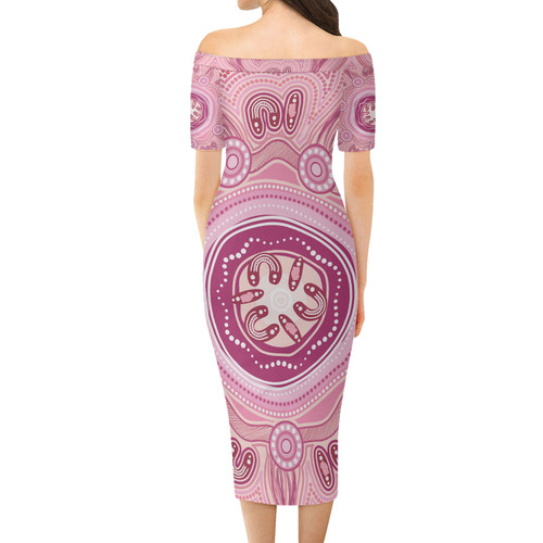 Australia Aboriginal Short Sleeve Off Shoulder Lady Dress - Pink Aboriginal Dot Painting Dress Australia Aboriginal Short Sleeve Off Shoulder Lady Dress - Pink Aboriginal Dot Painting Dress