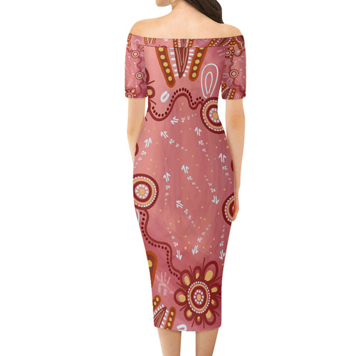 Australia Aboriginal Short Sleeve Off Shoulder Lady Dress - Pink aboriginal style of artwork Dress Australia Aboriginal Short Sleeve Off Shoulder Lady Dress - Pink aboriginal style of artwork Dress