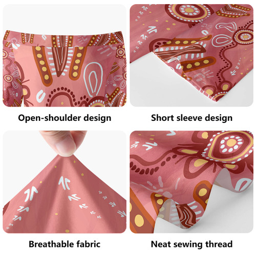 Australia Aboriginal Short Sleeve Off Shoulder Lady Dress - Pink aboriginal style of artwork Dress Australia Aboriginal Short Sleeve Off Shoulder Lady Dress - Pink aboriginal style of artwork Dress