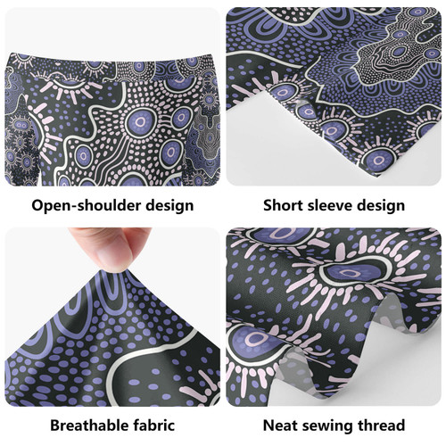 Australia Aboriginal Short Sleeve Off Shoulder Lady Dress - Purple aboriginal dot art background Dress Australia Aboriginal Short Sleeve Off Shoulder Lady Dress - Purple aboriginal dot art background Dress
