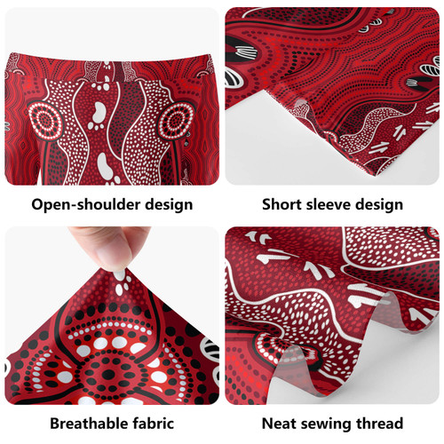Australia Aboriginal Short Sleeve Off Shoulder Lady Dress - Red aboriginal art with footprint Dress Australia Aboriginal Short Sleeve Off Shoulder Lady Dress - Red aboriginal art with footprint Dress