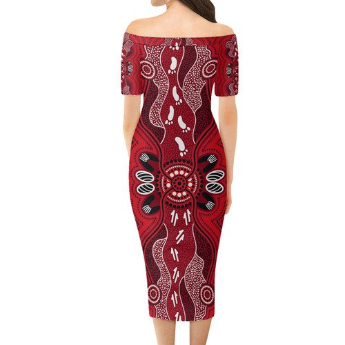 Australia Aboriginal Short Sleeve Off Shoulder Lady Dress - Red aboriginal art with footprint Dress Australia Aboriginal Short Sleeve Off Shoulder Lady Dress - Red aboriginal art with footprint Dress