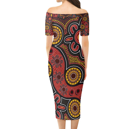 Australia Aboriginal Short Sleeve Off Shoulder Lady Dress - Red Flower Aboriginal Art Orange Background Dress Australia Aboriginal Short Sleeve Off Shoulder Lady Dress - Red Flower Aboriginal Art Orange Background Dress