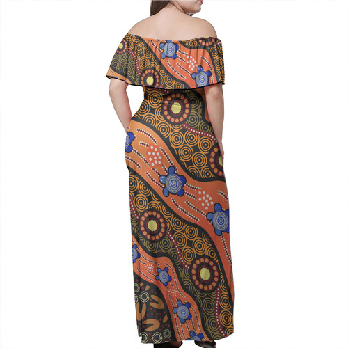 Australia Aboriginal Off Shoulder Long Dress - Aboriginal dot art turtle background Dress Australia Aboriginal Off Shoulder Long Dress - Aboriginal dot art turtle background Dress