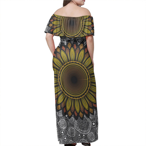 Australia Aboriginal Off Shoulder Long Dress - Aboriginal dot art vector sunflower design Dress Australia Aboriginal Off Shoulder Long Dress - Aboriginal dot art vector sunflower design Dress