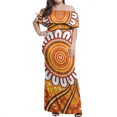 Australia Aboriginal Off Shoulder Long Dress - Aboriginal style of dot background. Dress