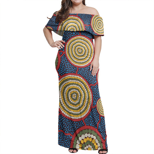Australia Aboriginal Off Shoulder Long Dress - Beautiful Indigenous seamless pattern based in universe with galaxies form Dress