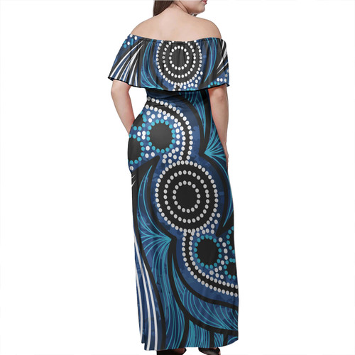 Australia Aboriginal Off Shoulder Long Dress - Blue aboriginal artwork Dress Australia Aboriginal Off Shoulder Long Dress - Blue aboriginal artwork Dress