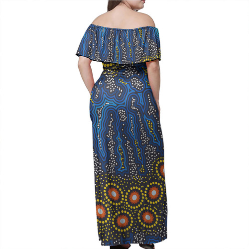 Australia Aboriginal Off Shoulder Long Dress - Blue background of aboriginal art dreaming Dress Australia Aboriginal Off Shoulder Long Dress - Blue background of aboriginal art dreaming Dress