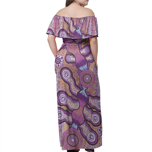 Australia Aboriginal Off Shoulder Long Dress - Purple Aboriginal design in contemporary style Dress Australia Aboriginal Off Shoulder Long Dress - Purple Aboriginal design in contemporary style Dress