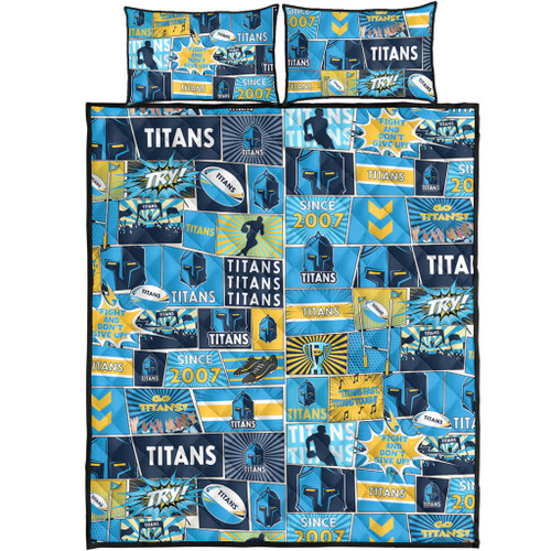Gold Coast Titans Quilt Bed Set - Team Of Us Die Hard Fan Supporters Comic Style Gold Coast Titans Quilt Bed Set - Team Of Us Die Hard Fan Supporters Comic Style