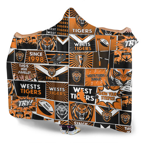 Wests Tigers Hooded Blanket - Team Of Us Die Hard Fan Supporters Comic Style Wests Tigers Hooded Blanket - Team Of Us Die Hard Fan Supporters Comic Style