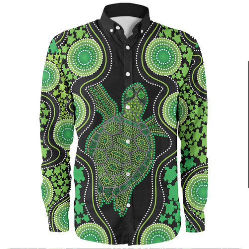 Australia Long Sleeve Shirt - Aboriginal Art Green Turtle Inspired