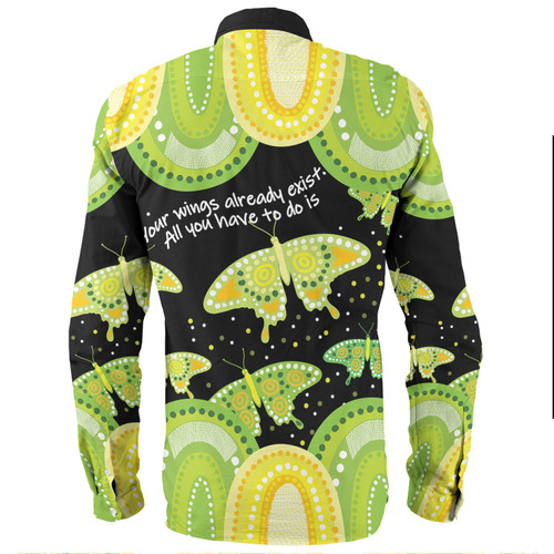 Australia Long Sleeve Shirt - Aboriginal Green Butterflies Art Inspired