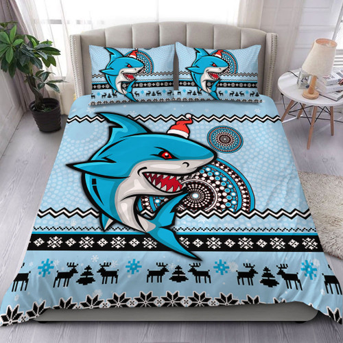 Cronulla-Sutherland Sharks Bedding Set - Australia Ugly Xmas With Aboriginal Patterns For Die Hard Fans