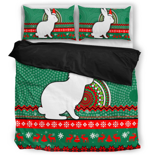 South Sydney Rabbitohs Bedding Set - Australia Ugly Xmas With Aboriginal Patterns For Die Hard Fans